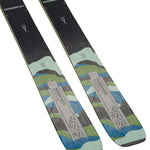 K2 Mindbender 99Ti skis feature a distinctive blue and green graphic design.