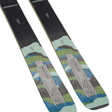 K2 Mindbender 99Ti skis feature a distinctive blue and green graphic design.