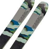 K2 Mindbender 99Ti Wide skis feature a distinctive green and blue graphic design.