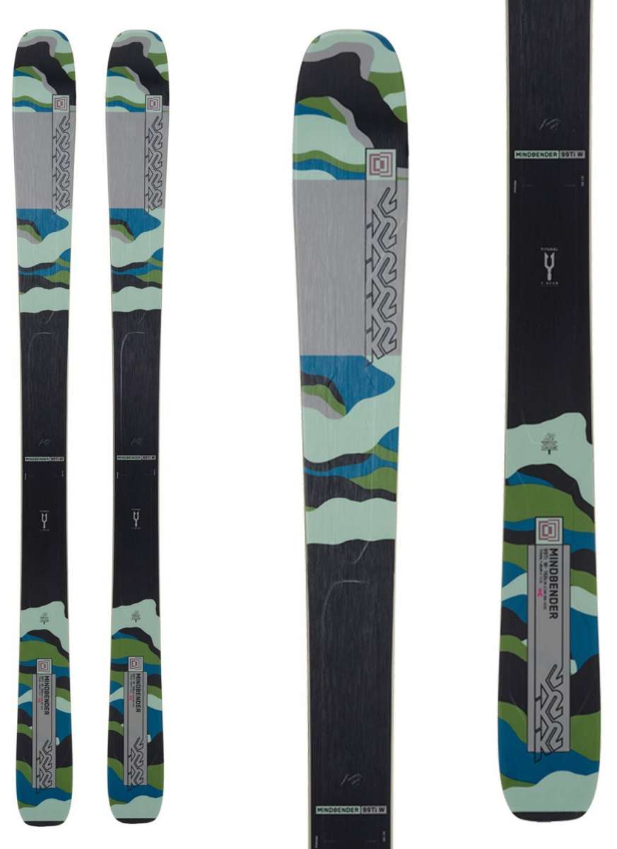 K2 Women's Mindbender 99Ti Wide skis feature a distinctive green and white graphic design.