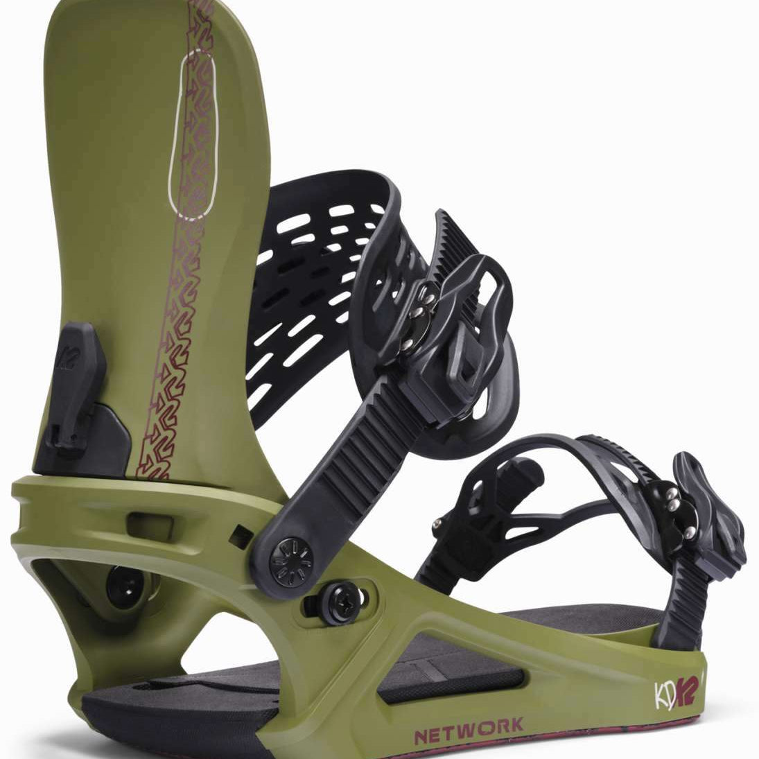 K2 Women's Network snowboard binding, green with red accents, features a distinctive design.