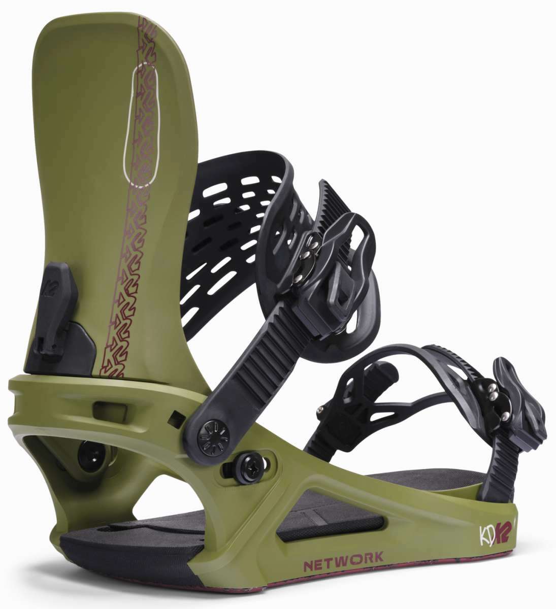K2 Women's Network snowboard binding, green with red accents, features a distinctive design.