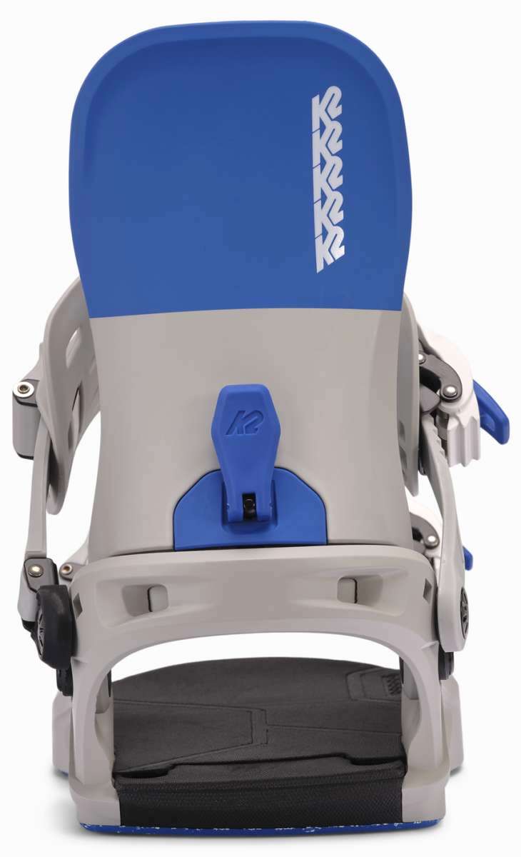 K2 Women's Network snowboard binding, featuring a white base with blue accents and a distinctive design.