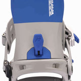 K2 Women's Network snowboard binding, featuring a white base with blue accents and a distinctive design.