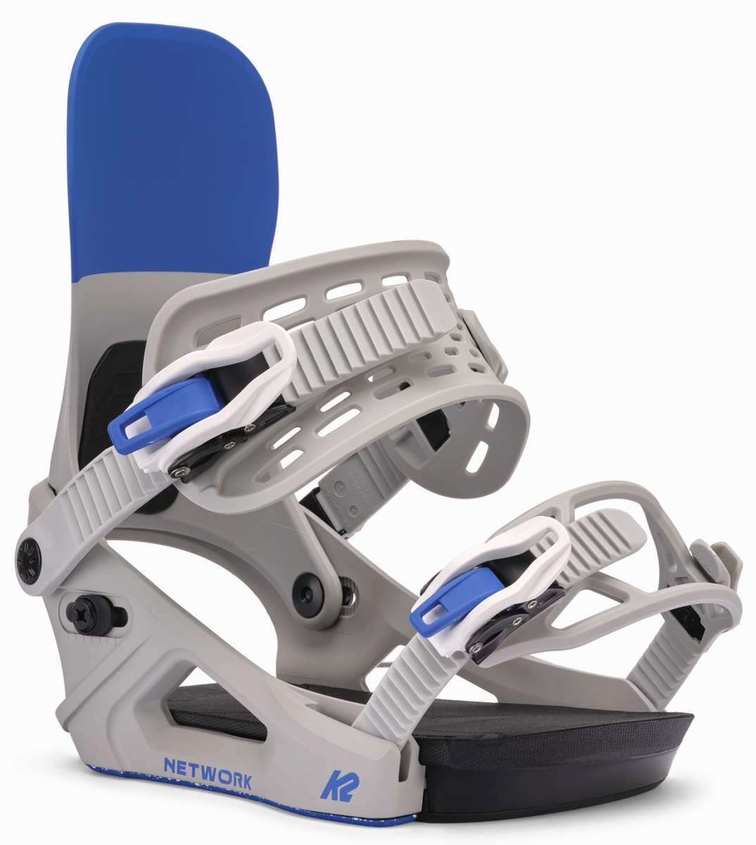 K2 Women's Network snowboard binding, white base with blue accents and a distinctive design.