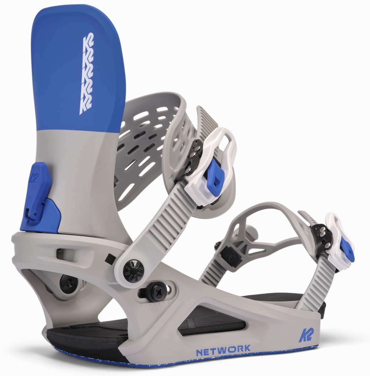 K2 Women's Network snowboard binding, gray and blue design.