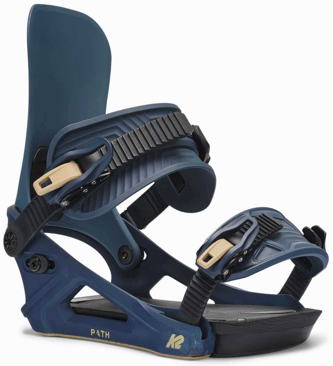 K2 Path snowboard bindings feature a blue and yellow color scheme with a distinctive ergonomic design.