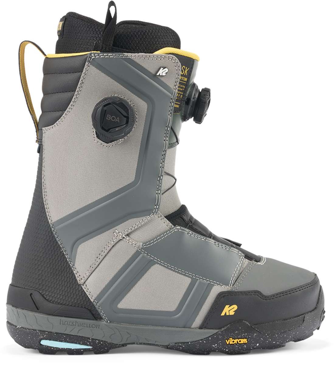 Black and gray K2 Orton snowboard boot with a BOA lacing system and Vibram sole.