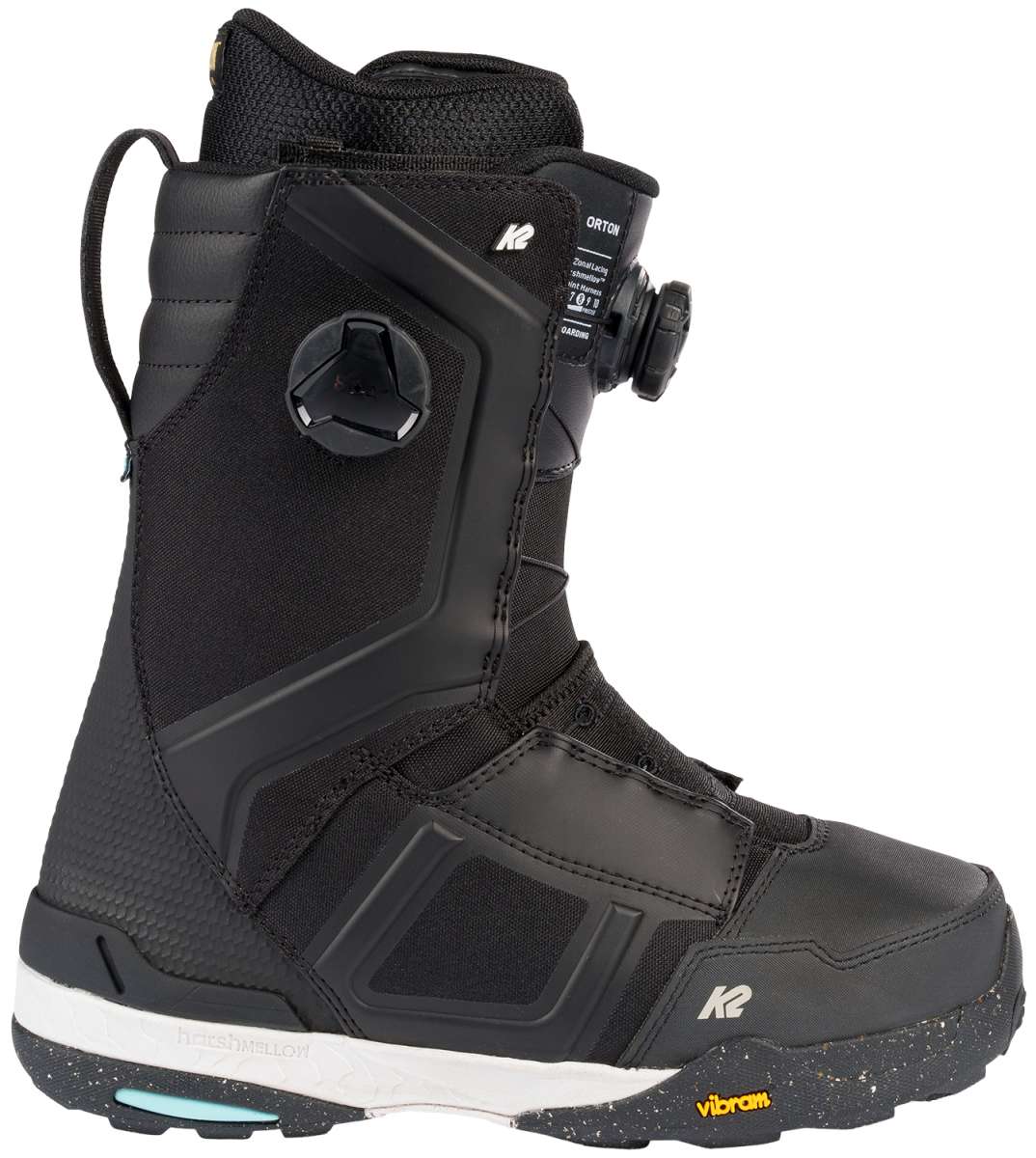 Black K2 Orton snowboard boot features a black and white design with a BOA lacing system and Vibram sole.