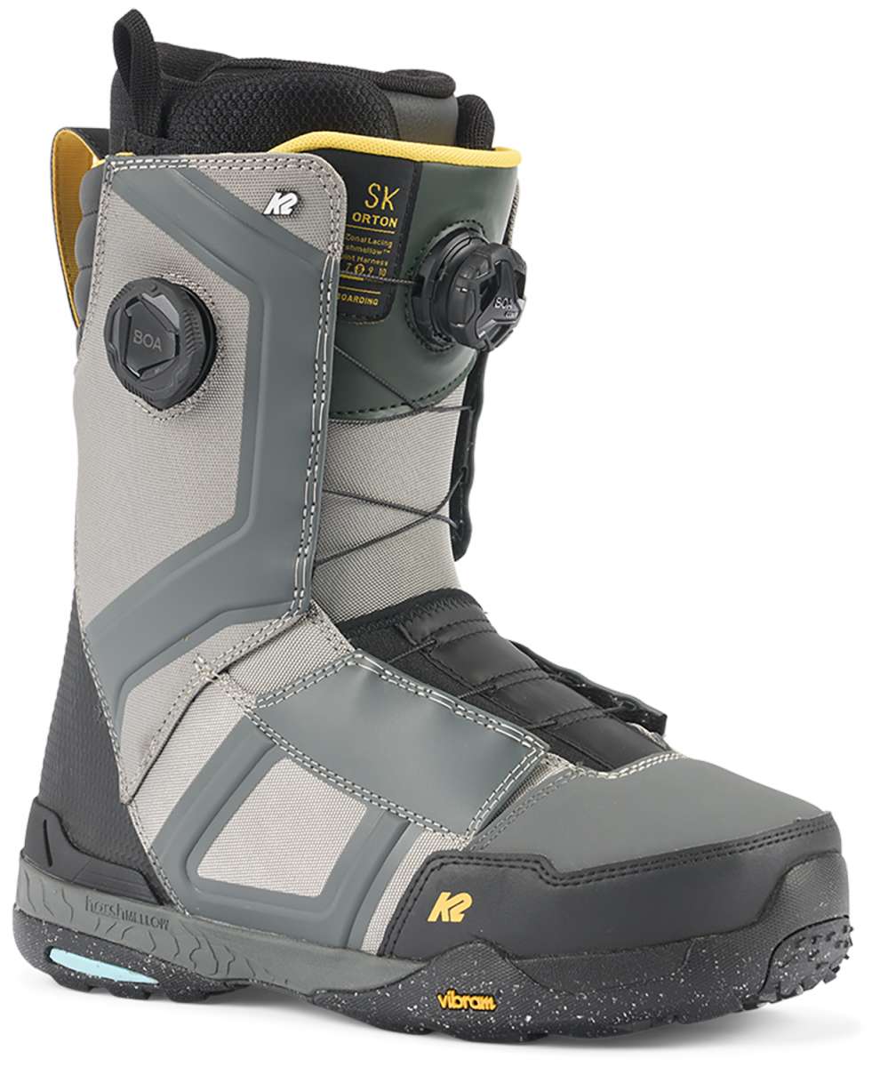 Black and gray K2 Orton snowboard boot features a BOA lacing system and Vibram sole.