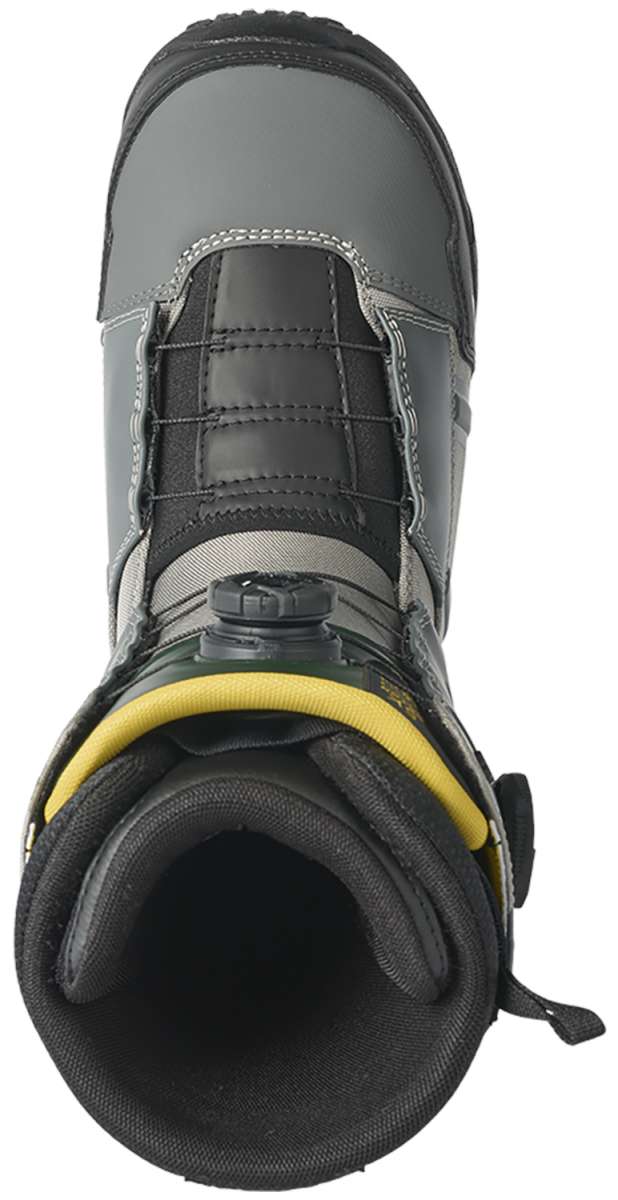 Black and yellow K2 Orton snowboard boot with Boa lacing system and gray accents.