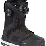 Black and white K2 Orton snowboard boot with a blue sole and Boa lacing system.