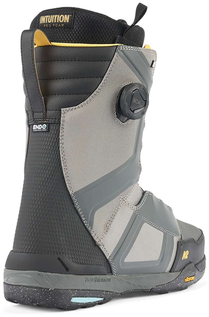 Gray and black K2 Orton snowboard boot features Boa lacing and a Vibram sole.