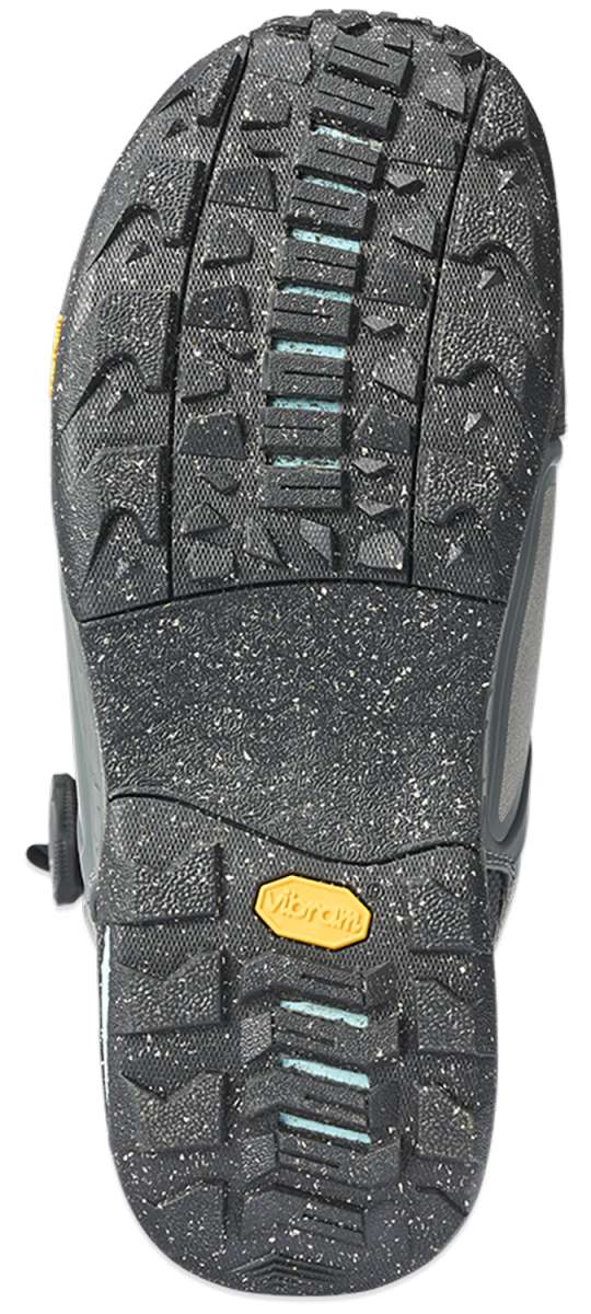 Black K2 Orton snowboard boot sole with Vibram traction pattern and gray accents.