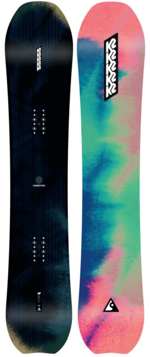 K2 Passport snowboard features a vibrant pink and blue graphic design.
