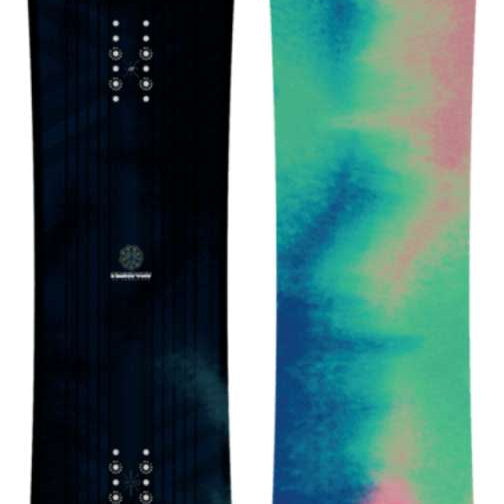 K2 Passport snowboard features a vibrant pink and blue graphic design.