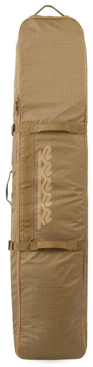 K2 Roller Board Bag 2024 features a durable, beige exterior with multiple compartments and sturdy wheels.