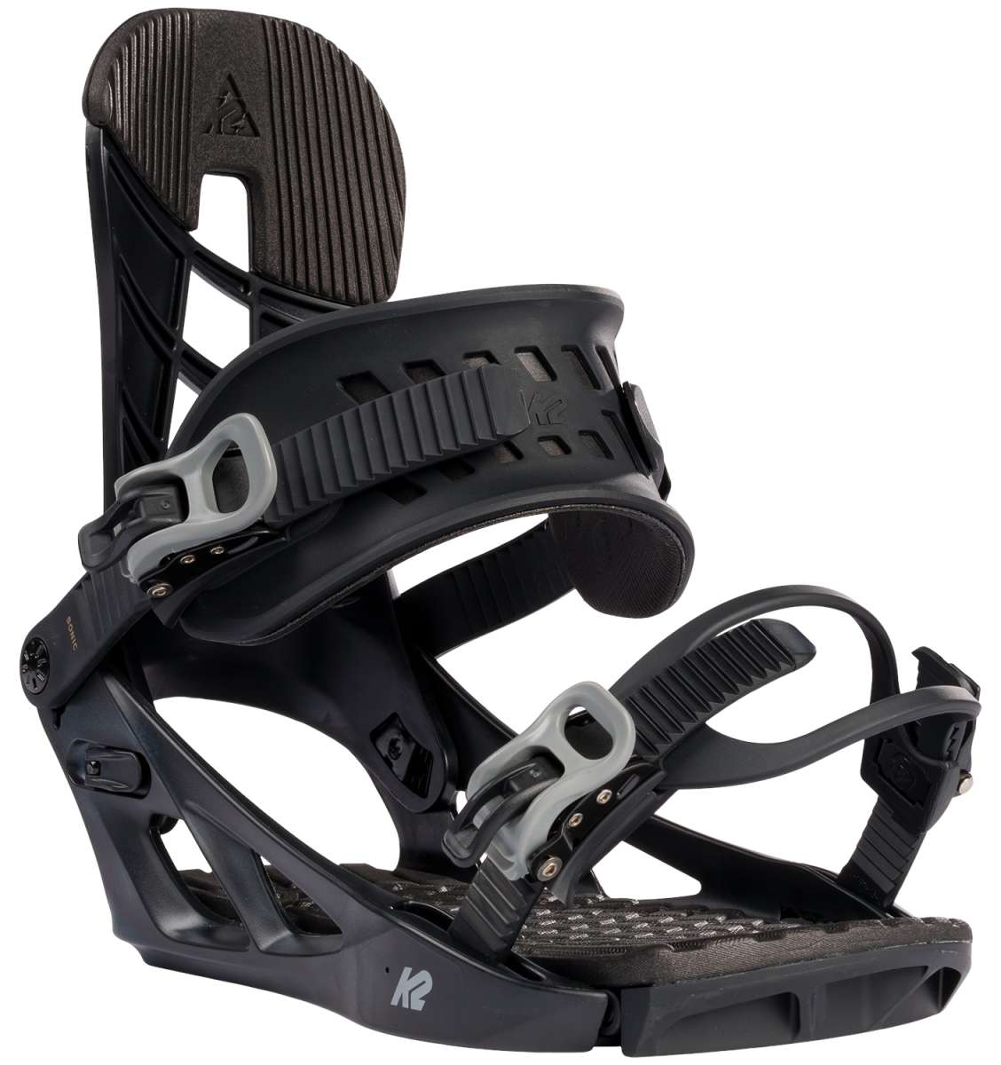 Black K2 Sonic snowboard binding features a sleek design with gray accents.
