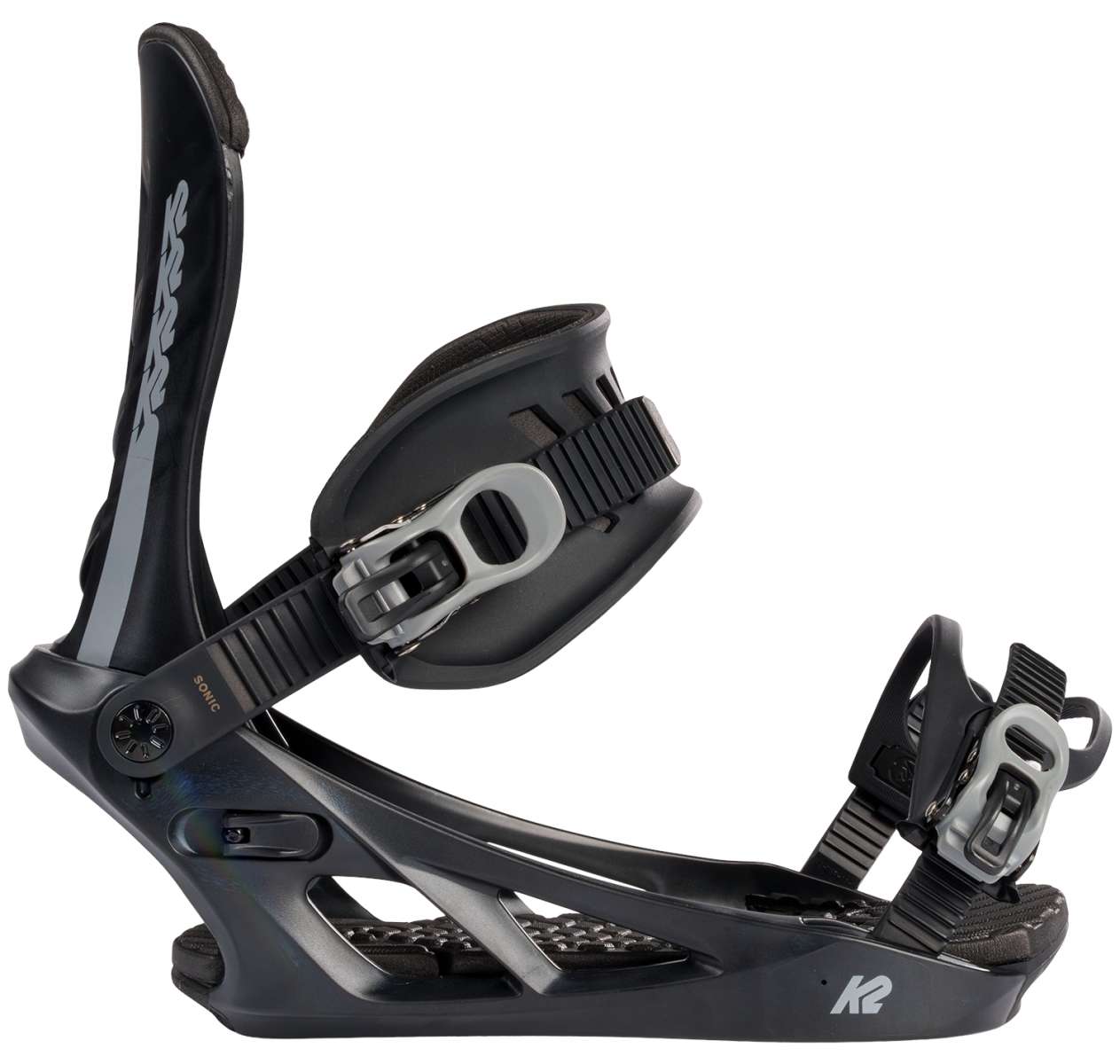 Black K2 Sonic snowboard binding features a sleek design and red accents.