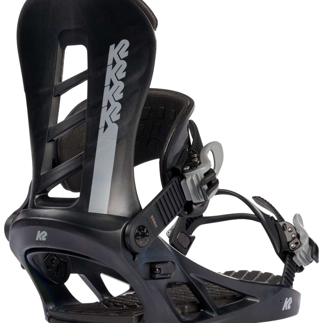 K2 Sonic snowboard binding, black with gray accents, features a distinctive design.