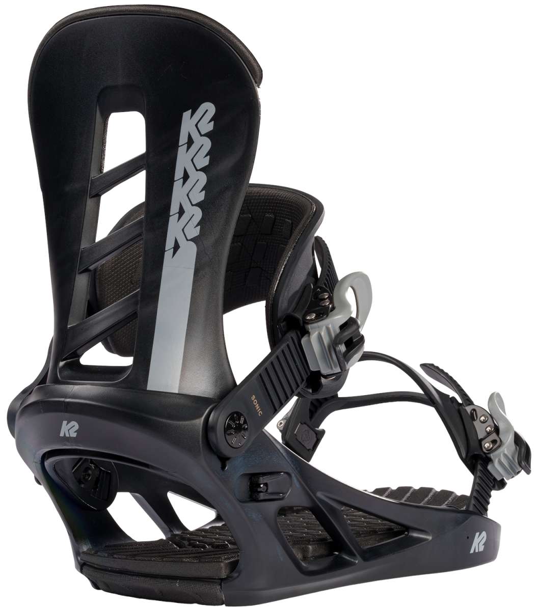 K2 Sonic snowboard binding, black with gray accents, features a distinctive design.