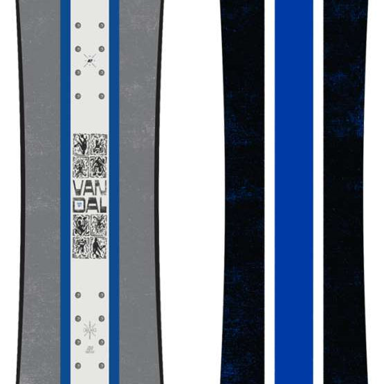 K2 Junior's Vandal snowboard 2025 features a black and white graphic design.