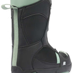 Black K2 Lil Kat youth snowboard boots feature green accents and a distinctive design.