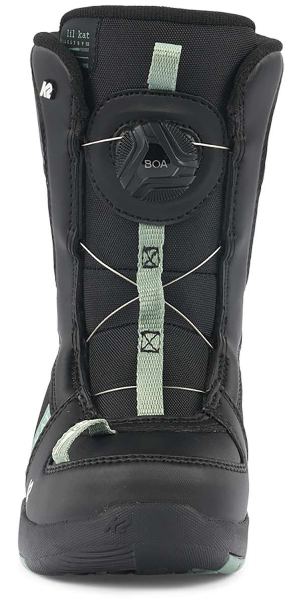 K2 Youth Lil Kat snowboard boot, black with mint green accents, features a distinctive design.