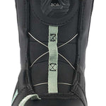 K2 Youth Lil Kat snowboard boot, black with mint green accents, features a distinctive design.