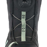 K2 Youth Lil Kat snowboard boot, black with mint green accents, features a distinctive design.