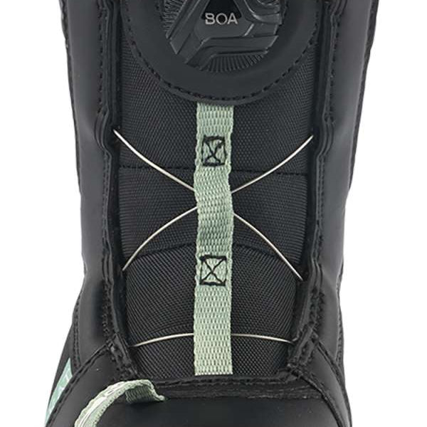 K2 Youth Lil Kat snowboard boot, black with mint green accents, features a distinctive design.