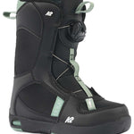 K2 Youth Lil Kat snowboard boots feature a black and green design with a convenient speed lace system.
