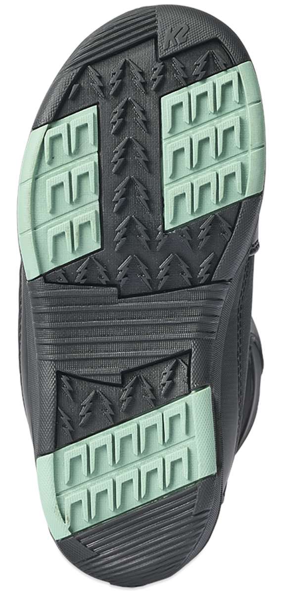 Black K2 Youth Lil Kat snowboard boot with green sole and textured pattern.