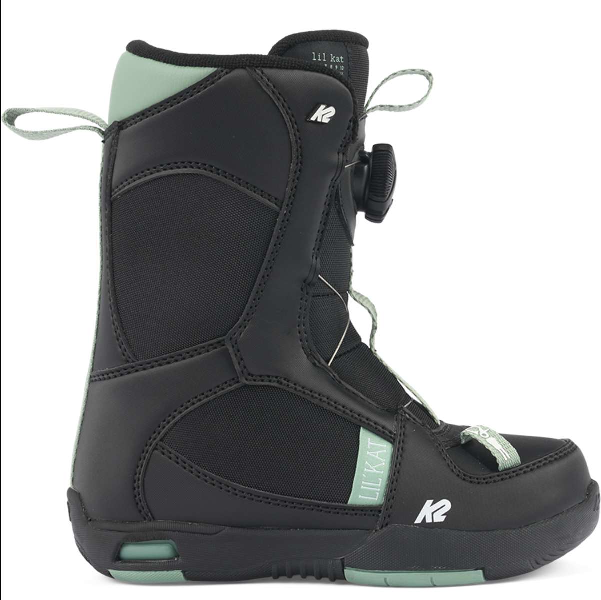 Black K2 Youth Lil Kat snowboard boot with green accents and a black lace system.