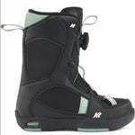 Black K2 Youth Lil Kat snowboard boot with green accents and a black lace system.