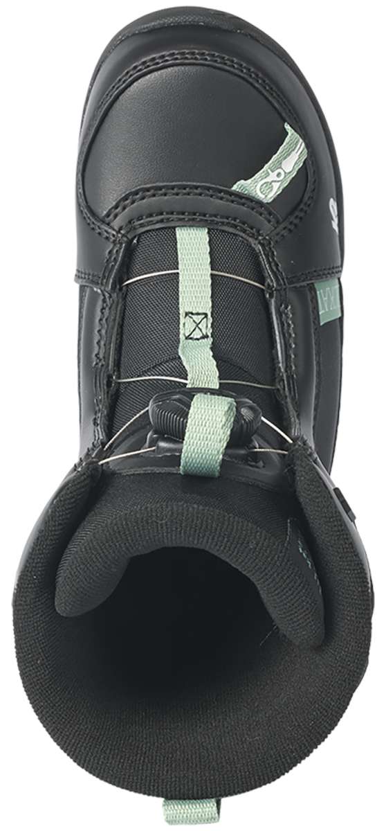 Black K2 Youth Lil Kat snowboard boot with green accents and adjustable straps.