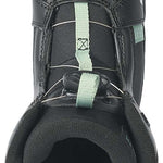 Black K2 Youth Lil Kat snowboard boot with green accents and adjustable straps.