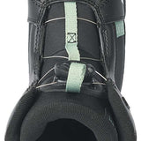 Black K2 Youth Lil Kat snowboard boot with green accents and adjustable straps.