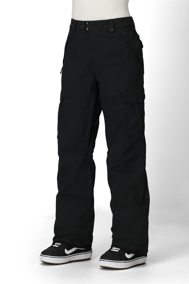 Black women’s insulated cargo pants with side cargo pockets and utility detailing
