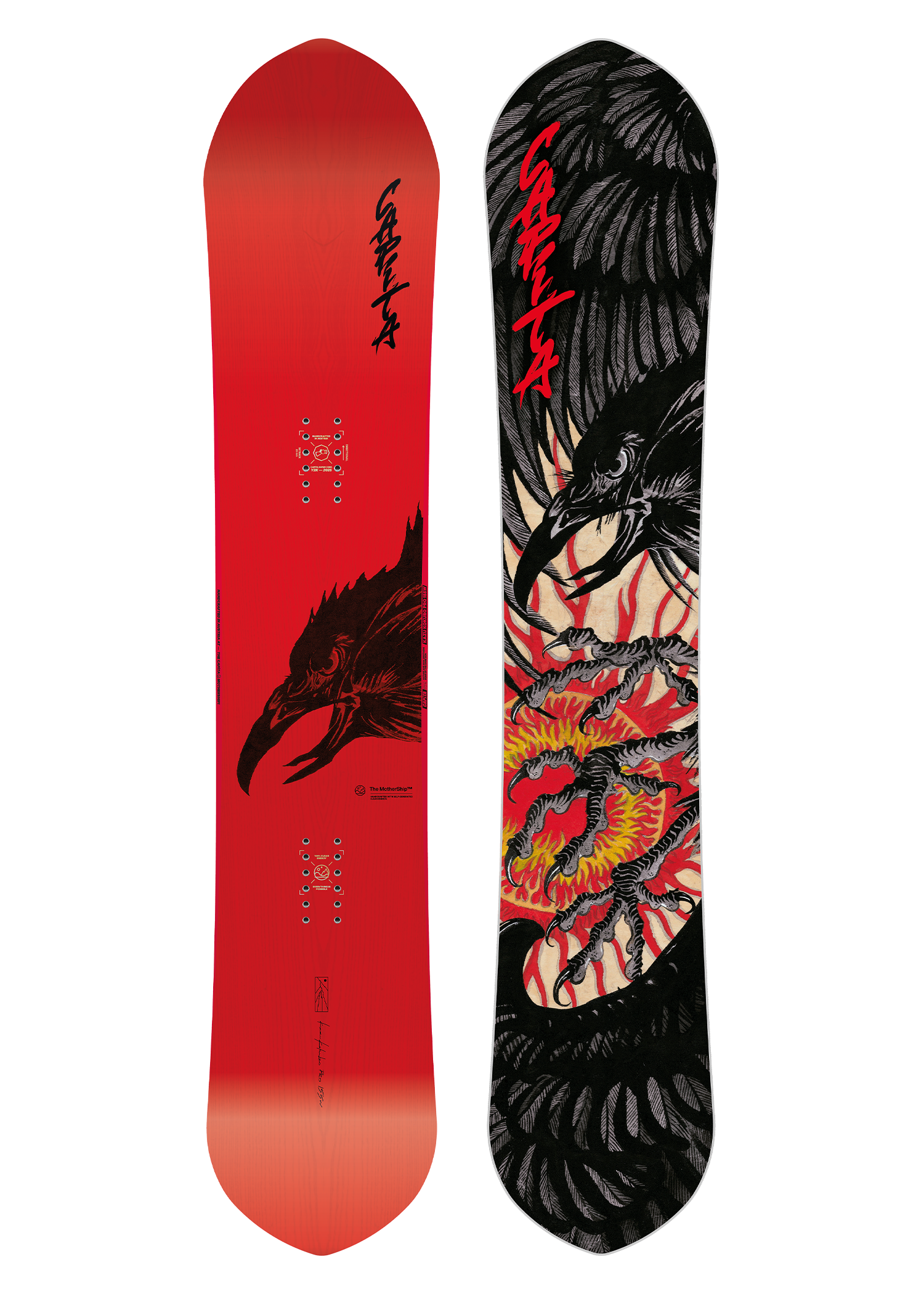 CAPiTA Kazu Kokubo Pro Snowboard 2026 - A red snowboard with a black bird's head graphic on top of a yellow sunburst design.