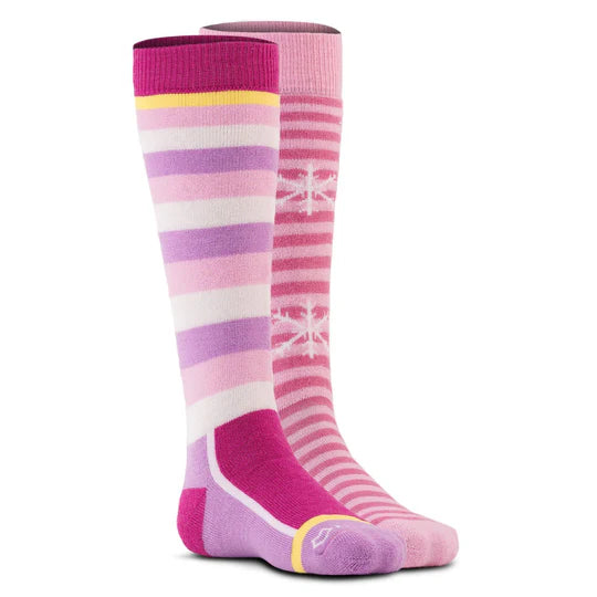 Fox River Kids Snow Day Snowboard Socks 2-Pack - A pair of pink snowboard socks with a repeating pattern of white snowflakes and stripes.