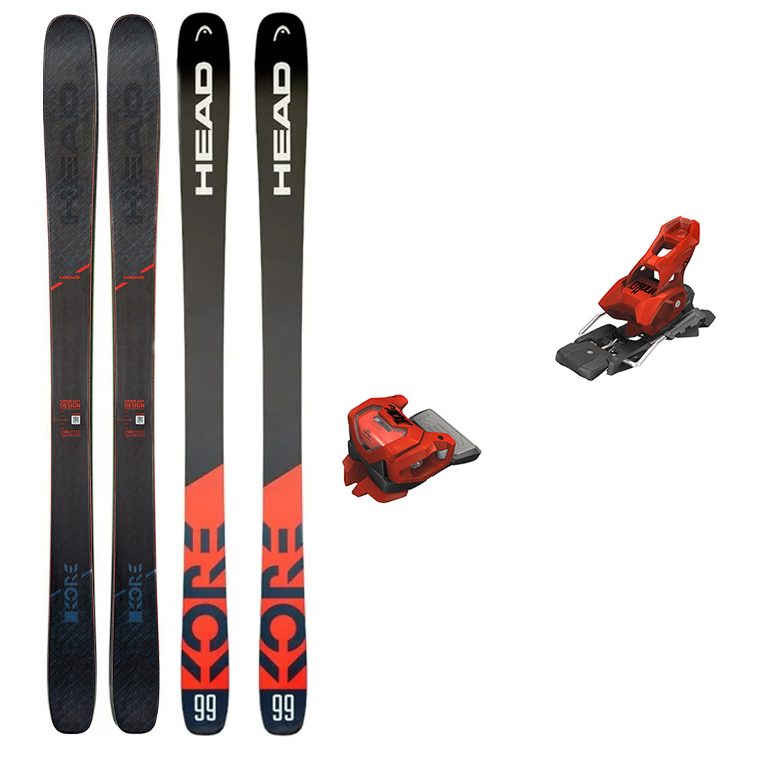 USED - Head Kore 99 with Attack 14 Bindings - A pair of black skis with red and white lettering, featuring a distinctive "HEAD" logo on top.