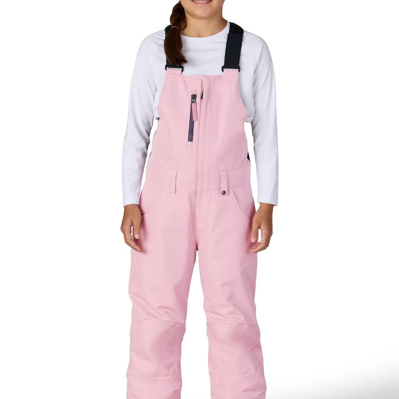 Girls’ insulated pink snow bib overalls with black suspenders and front pockets