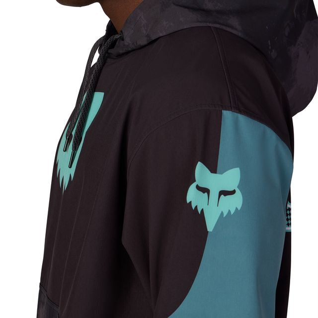 Waterproof team hoody side view with teal fox logo and teal sleeve accent panel