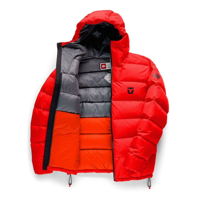 Red down jacket with gray interior lining, black hood, front zipper, drawcords