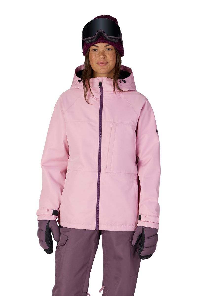 Women's insulated ski jacket, light pink, full-zip hood with black accents and gloves
