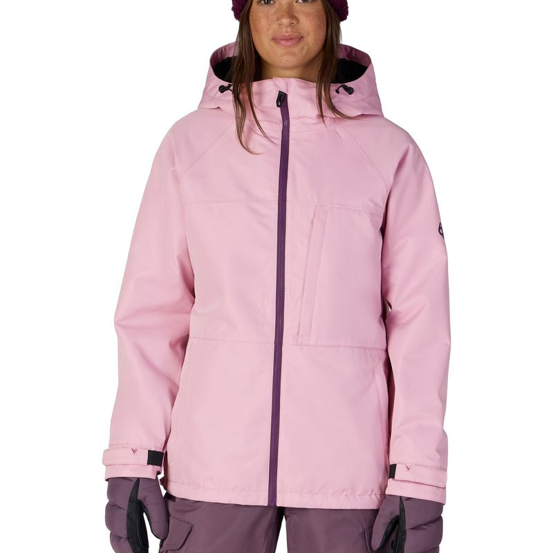 Women's insulated ski jacket, light pink, full-zip hood with black accents and gloves