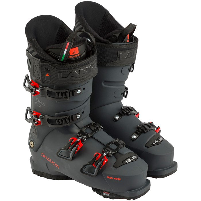 Lange Shadow 120 LV Ski Boots 2025 - Black ski boots with red buckles and straps.