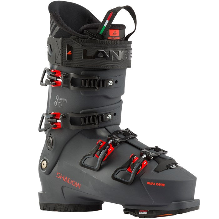 Lange Shadow 120 MV Ski Boots 2025 - Black ski boots with silver buckles and straps.