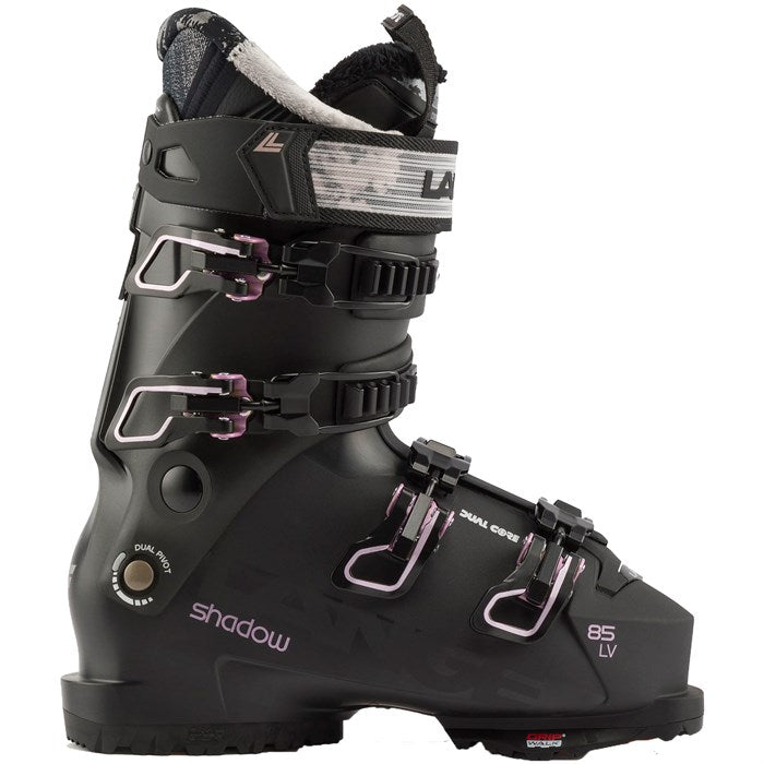 Lange Women's Shadow 85 LV Ski Boot 2025 - Black ski boot with white accents and a textured pattern on the tongue.